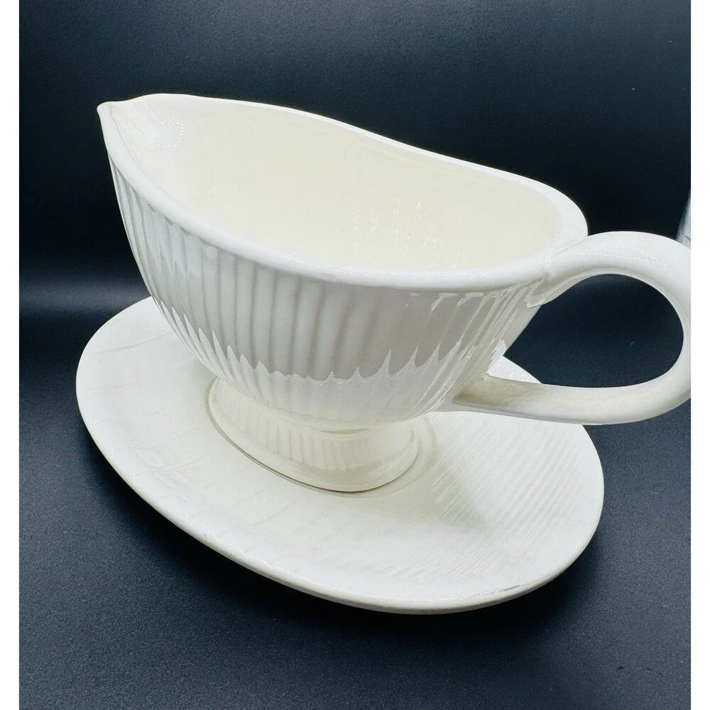 Vintage White Ceramic Gravy Boat Set w/ Underplate, Japan, Glossy Oval, Handles